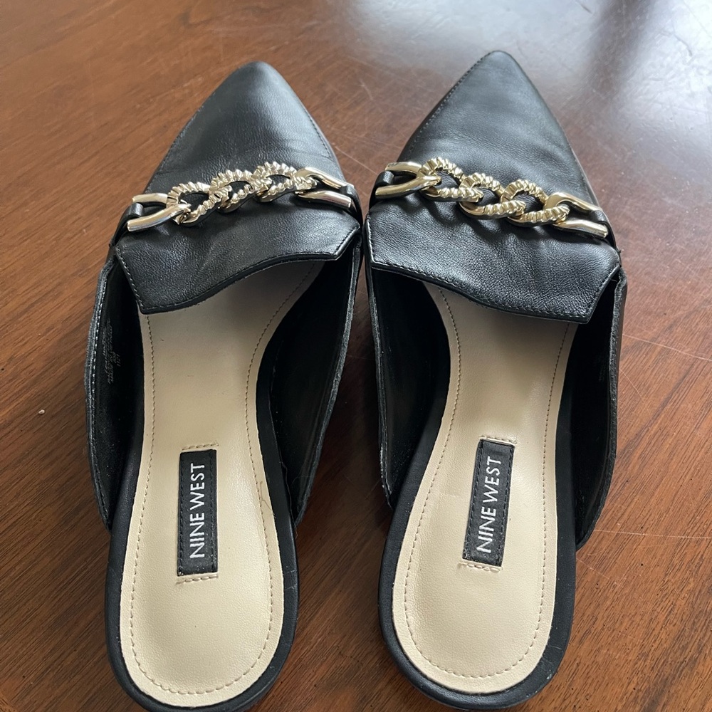 Nine West Black Mules with Gold Chain Accent
